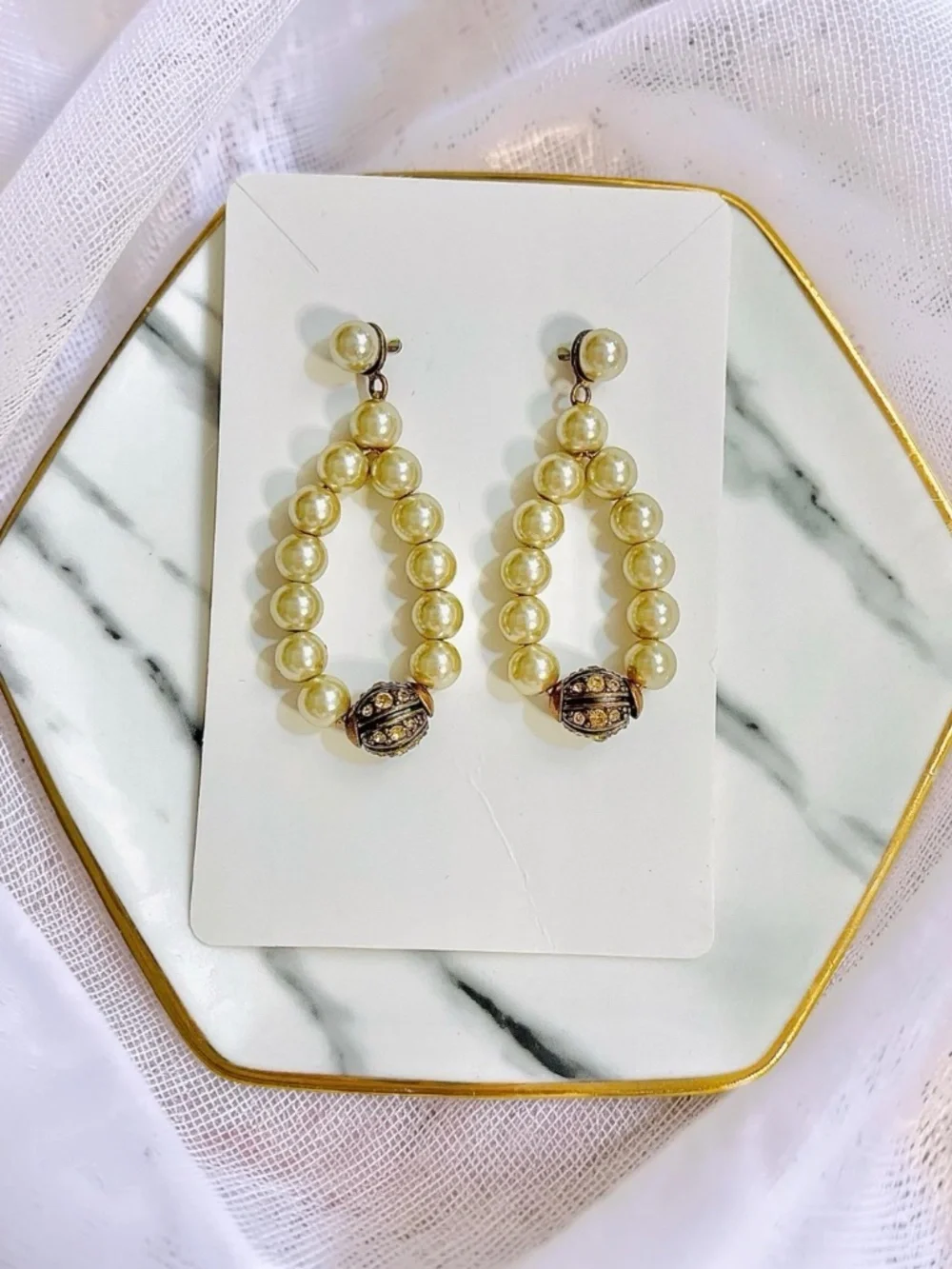 pearl tear drop earrings with rhinestones